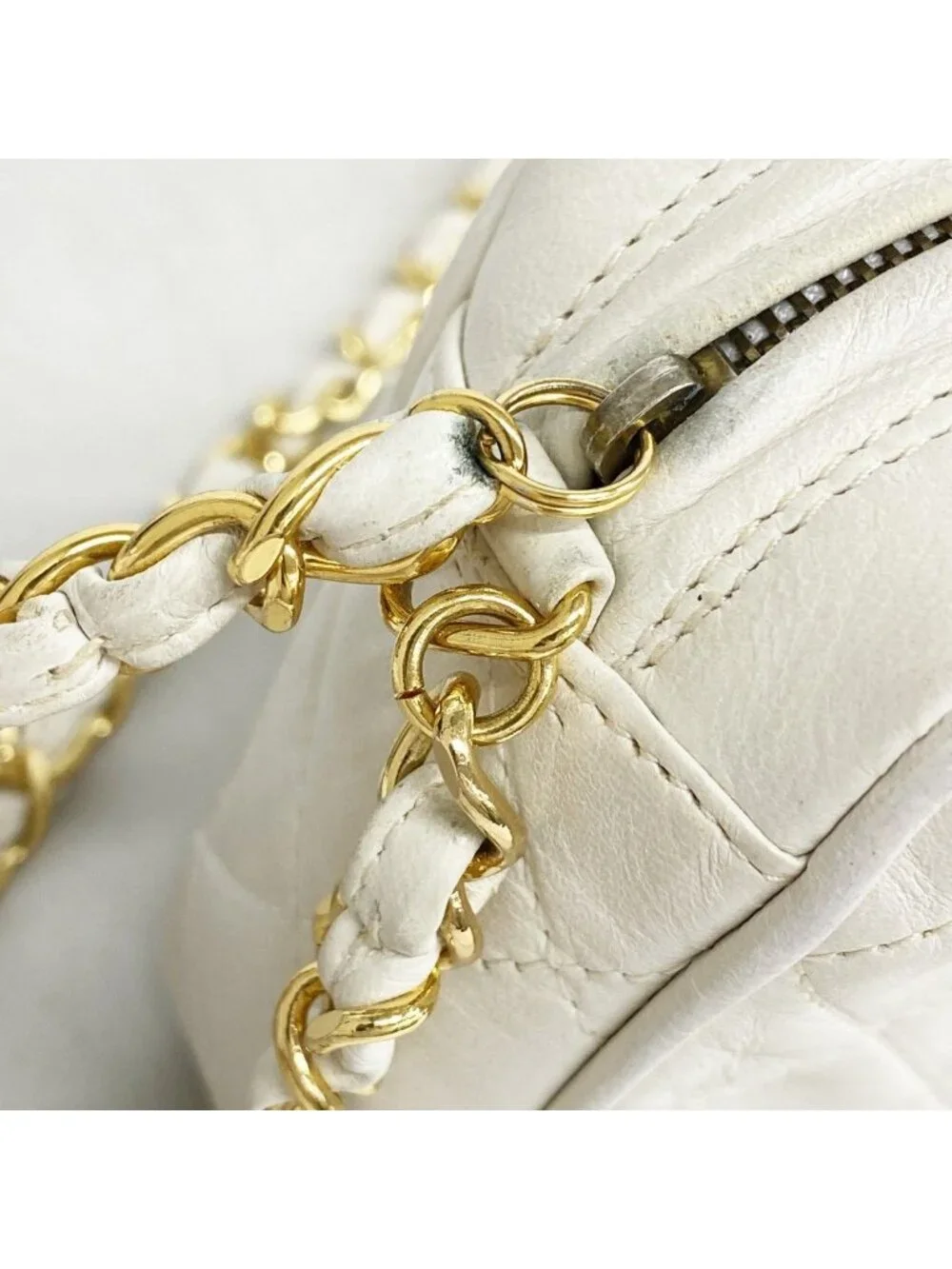 Chanel Shoulder Bag Quilted Lambskin White Gold